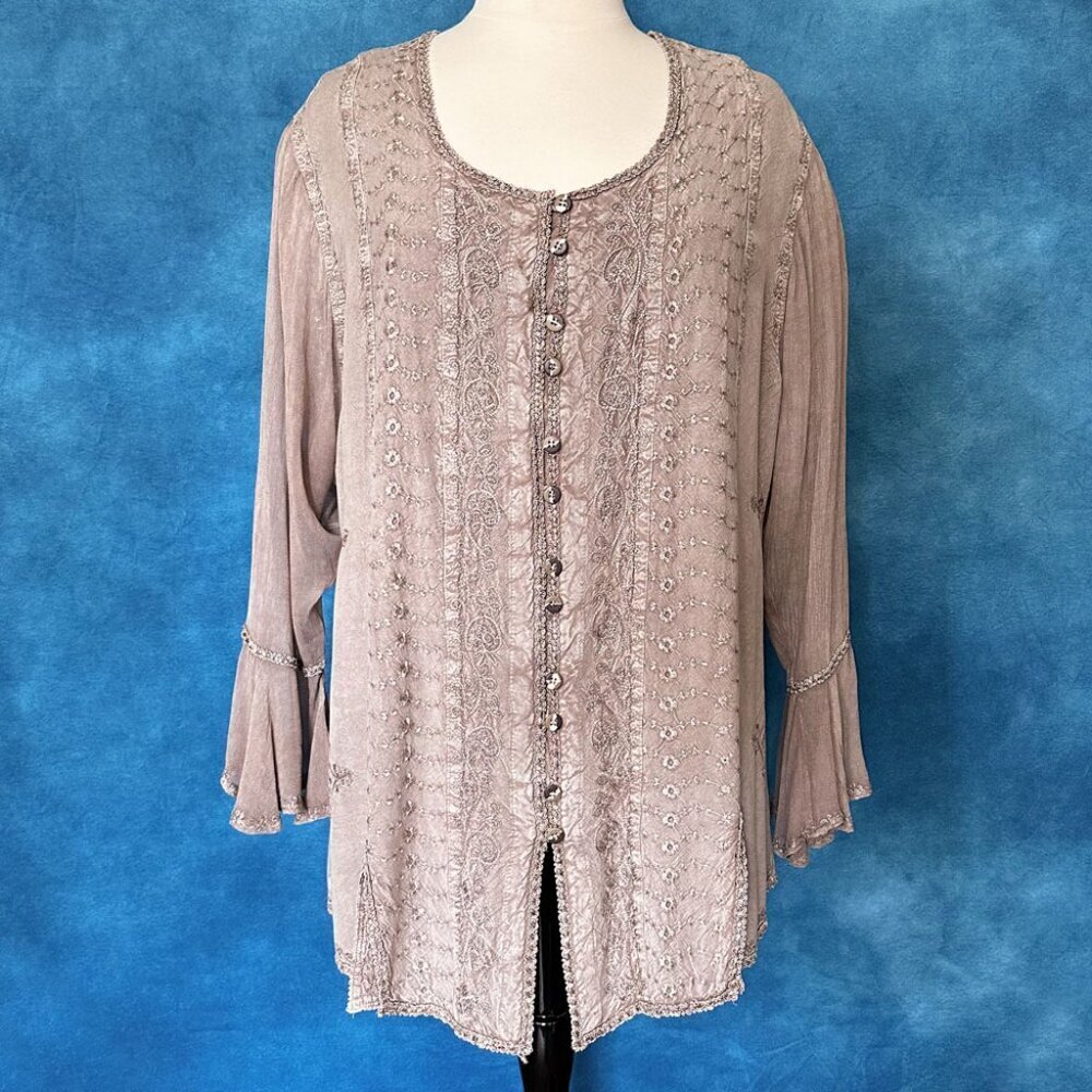 Braja Exclusives Embroidered Button Down Flowy Boho Top, 3L